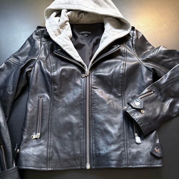 Lamarque ANNA LEATHER BIKER black JACKET Gray Hoodie lambskin ladies medium - Picture 7 of 11
